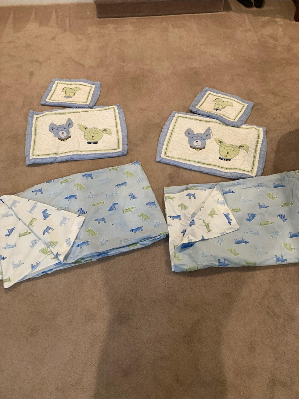 Pottery Barn Kids Blue and Green puppy Duvets  and shams for 2 twins